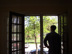 Brian standing in living room looking outside