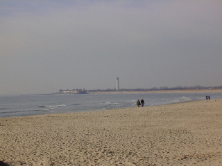 A couple walking along the shoreline with lighthouse in the distance.